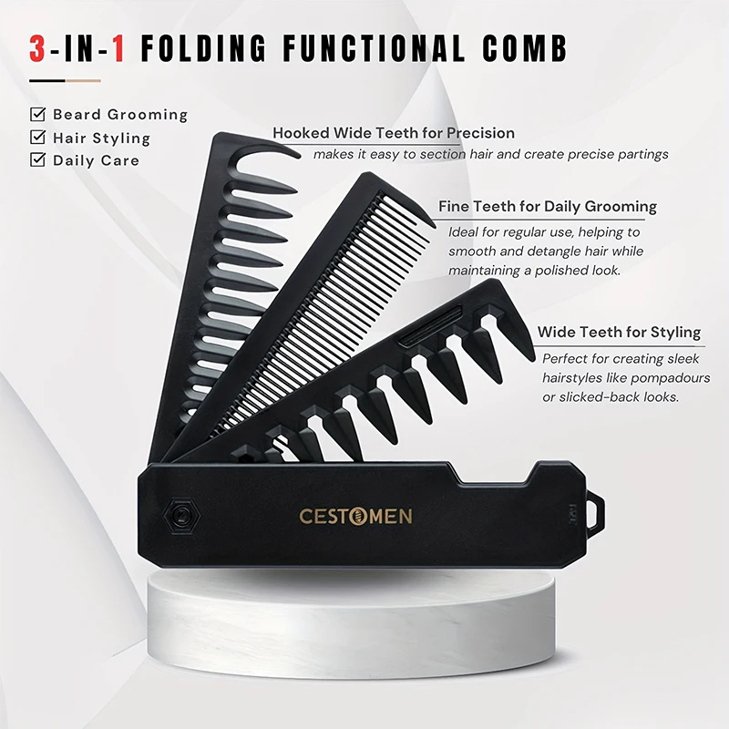 3-in-1 Folding Beard Comb for  - Mens Grooming Travel Kit recension och pris
